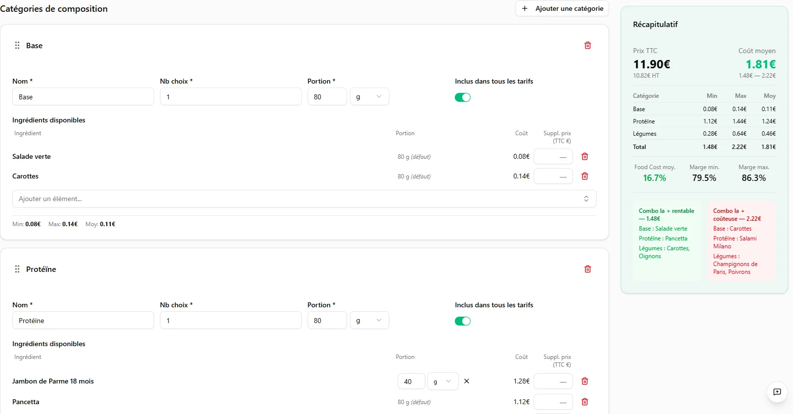 Éditeur de formule Andree — catégories et choix par catégorie